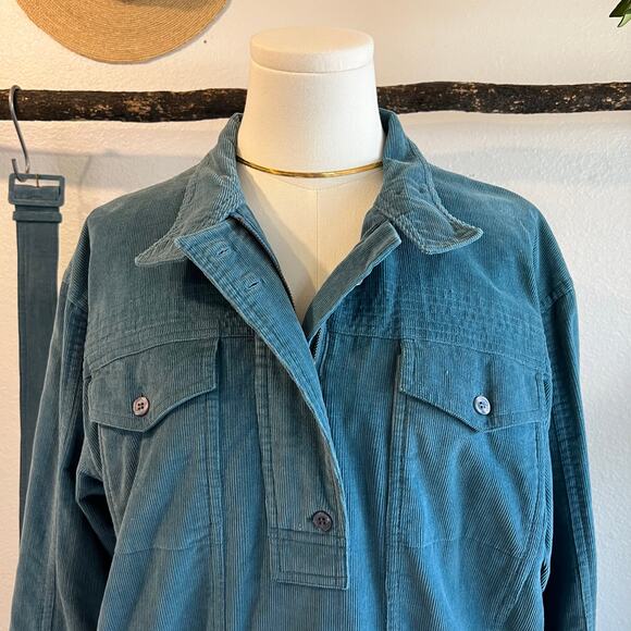 Vintage Blue Cotton Corduroy Utility Zipper Collared Shirt Belt Dress Size Small - Picture 8 of 16